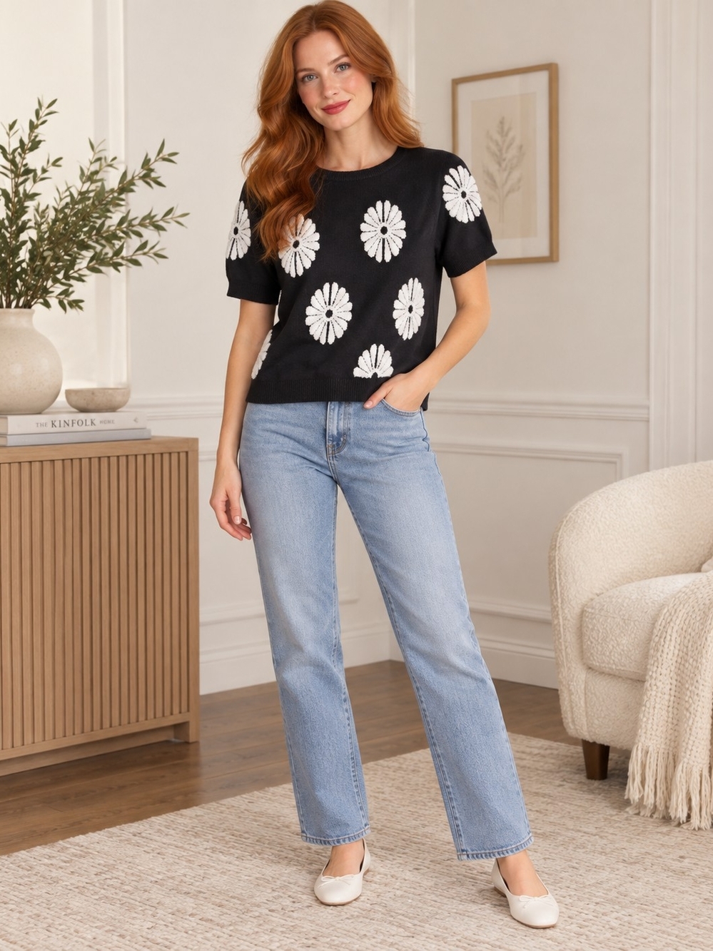 Philosophy Black Daisy Knit Sweater XS White Floral Short Sleeve NWOT